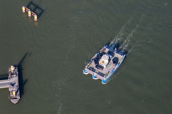 Oblique view of Ride a ferry ship Solar-Rhine ferry in Plittersdorf in the state Baden-Wurttemberg, Germany