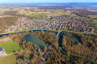 View of the town beyond the Old Rhine from the west in the district Plittersdorf in Rastatt in the state Baden-Wuerttemberg, Germany