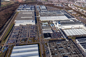 Aerial view of Buildings and production halls on the vehicle construction site of Merceof-Benz factory Rastatt in Rastatt in the state Baden-Wurttemberg, Germany