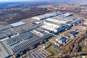 Oblique view of Buildings and production halls on the vehicle construction site of Merceof-Benz factory Rastatt in Rastatt in the state Baden-Wurttemberg, Germany