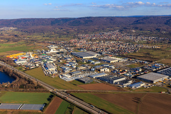 Industrial area beyond the A5 from the southwest with DACHSER SE, Seifert Logistics Group, CTDI GmbH and Transport Betz Logistik GmbH in Malsch in the state Baden-Wuerttemberg, Germany