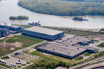 Aerial view of Oberwald industrial area in Wörth am Rhein in the state Rhineland-Palatinate, Germany