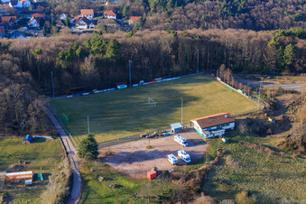 Aerial view of Football field at the edge of the forest of SV 1946 Dörrenbach football club and mobile home parking space Dörrenbach in Dörrenbach in the state Rhineland-Palatinate, Germany