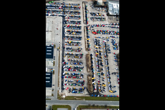 Aerial view of Parking space for Daimler truck production in Wörth am Rhein in the state Rhineland-Palatinate, Germany
