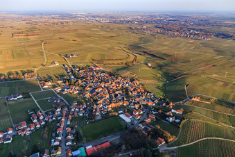 Aerial view of Wine village between vineyards in winter from the west in Frankweiler in the state Rhineland-Palatinate, Germany