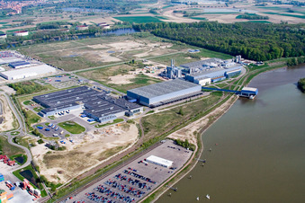 Aerial view of Oberwald industrial area: Palm paper mill in Wörth am Rhein in the state Rhineland-Palatinate, Germany