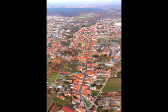 Aerial view of Main road from the west in Bellheim in the state Rhineland-Palatinate, Germany