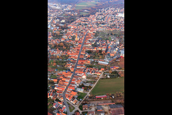Aerial photograpy of Main road from the west in Bellheim in the state Rhineland-Palatinate, Germany