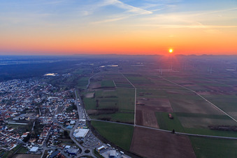 Aerial view of Sunset over the Gollenberg from the east in Rülzheim in the state Rhineland-Palatinate, Germany