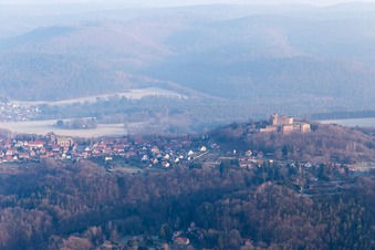Aerial view of Castle ruins of the Château de Lichtenberg in the Northern Vosges in Lichtenberg in the state Bas-Rhin, France