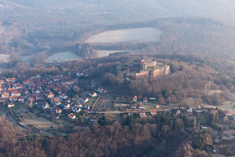 Oblique view of Castle ruins of the Château de Lichtenberg in the Northern Vosges in Lichtenberg in the state Bas-Rhin, France