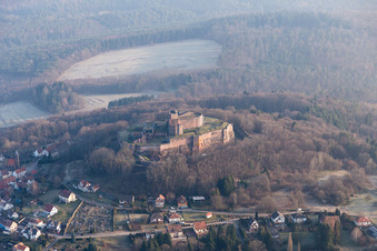 Castle ruins of the Château de Lichtenberg in the Northern Vosges in Lichtenberg in the state Bas-Rhin, France from above