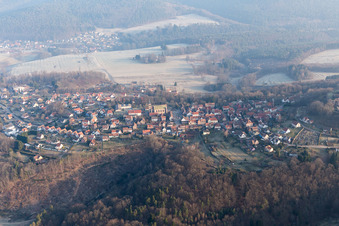 Castle ruins of the Château de Lichtenberg in the Northern Vosges in Lichtenberg in the state Bas-Rhin, France out of the air