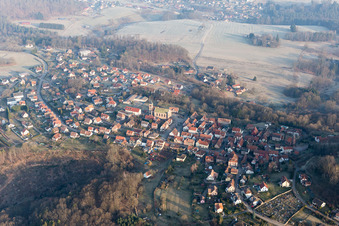 Castle ruins of the Château de Lichtenberg in the Northern Vosges in Lichtenberg in the state Bas-Rhin, France seen from above