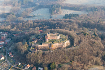 Castle ruins of the Château de Lichtenberg in the Northern Vosges in Lichtenberg in the state Bas-Rhin, France from the plane