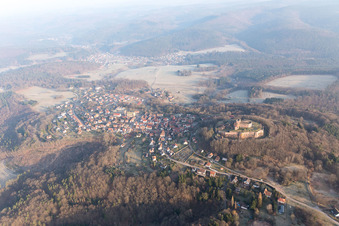 Bird's eye view of Castle ruins of the Château de Lichtenberg in the Northern Vosges in Lichtenberg in the state Bas-Rhin, France