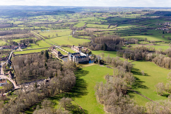 Aerial view of Water castle Château Sully in Burgundy in Sully in the state Saone et Loire, France