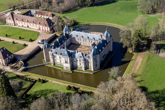 Aerial photograpy of Water castle Château Sully in Burgundy in Sully in the state Saone et Loire, France