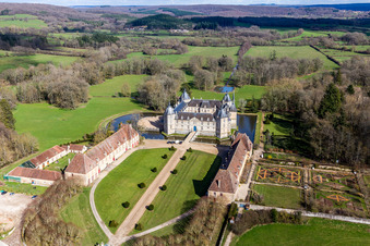 Oblique view of Building and castle park systems of water castle Sully in Sully in Bourgogne-Franche-Comte, France