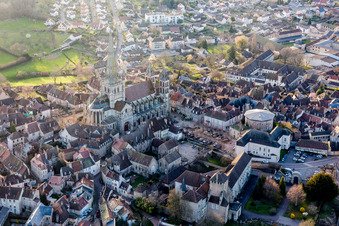 Aerial view of Church building of the medieval cathedral of Saint-Lazare in Autun in Bourgogne-Franche-Comte, France