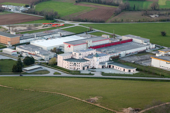 Aerial photograpy of Warehouse complex-building in the industrial area of Prosciuttificio Friulano und Leoncini Prosciutti in San Daniele del Friuli in Friuli-Venezia Giulia, Italy