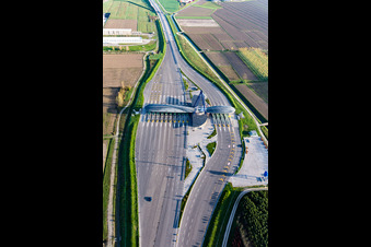 Aerial view of Highway toll station and paying agent of the A 4 (Punto Blu) in Ronchis in Friuli-Venezia Giulia, Italy