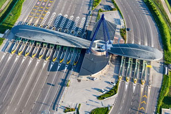 Aerial photograpy of Highway toll station and paying agent of the A 4 (Punto Blu) in Ronchis in Friuli-Venezia Giulia, Italy