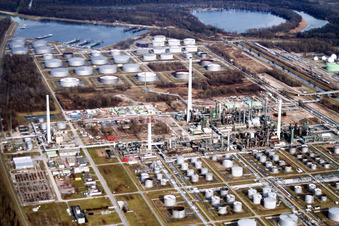 Aerial view of Oil tanks of the refinery on the Rhine in the district Knielingen in Karlsruhe in the state Baden-Wuerttemberg, Germany