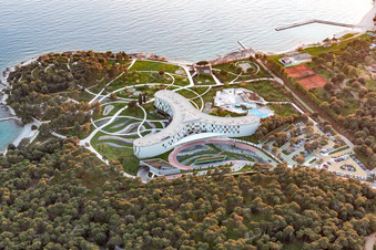 Three armes of the of the hotel building and its parc of Family Hotel Amarin at the Adriatic sea in Rovinj in Istria- Istarska zupanija, Croatia