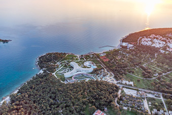 Aerial view of Three armes of the of the hotel building and its parc of Family Hotel Amarin at the Adriatic sea in Rovinj in Istria- Istarska zupanija, Croatia