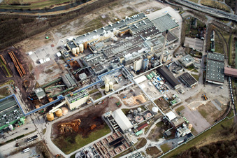 Aerial view of Stora Enso paper mill in the district Knielingen in Karlsruhe in the state Baden-Wuerttemberg, Germany