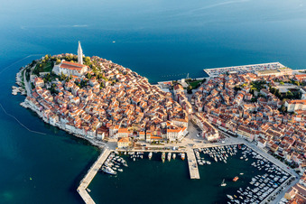 Townscape on the seacoast of the Mediterranean sea in Rovinj in Istarska zupanija, Croatia from above