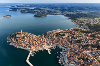 Townscape on the seacoast of the Mediterranean sea in Rovinj in Istarska zupanija, Croatia out of the air