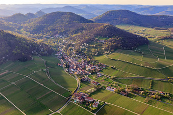 Wine village on the edge of the Haardt from the southeast in spring in Leinsweiler in the state Rhineland-Palatinate, Germany