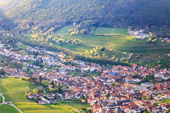 Aerial view of View of the wine village in spring from the east in the district SaintMartin in Sankt Martin in the state Rhineland-Palatinate, Germany