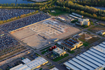 Aerial view of Insel Grün with vehicle storage facility of MOSOLF Logistics & Services GmbH in Germersheim in the state Rhineland-Palatinate, Germany