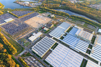 Aerial photograpy of Insel Grün with vehicle storage facility of MOSOLF Logistics & Services GmbH in Germersheim in the state Rhineland-Palatinate, Germany