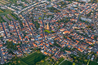Aerial view of Town View of the streets and houses of the residential areas in Rheinsheim in the state Baden-Wurttemberg, Germany