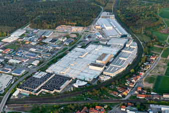 Extension - new building - construction site on the factory premises of SEW-EURODRIVE GmbH & Co KG in Graben-Neudorf in the state Baden-Wurttemberg, Germany viewn from the air