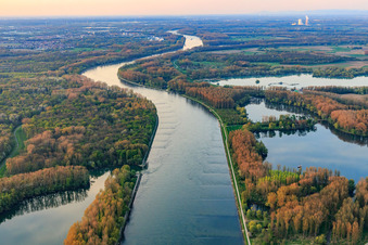Rhine from the south with Rott Island on the Rhine in Linkenheim-Hochstetten in the state Baden-Wuerttemberg, Germany