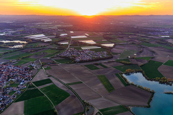 Aerial view of Sunset in the Rhine plain in the district Hardtwald in Neupotz in the state Rhineland-Palatinate, Germany
