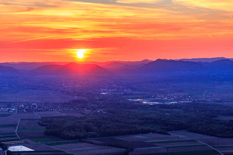 Aerial photograpy of Sunset in the Rhine plain in Rohrbach in the state Rhineland-Palatinate, Germany