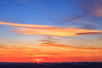 Aerial view of Sunset over the Palatinate Forest in Klingenmünster in the state Rhineland-Palatinate, Germany