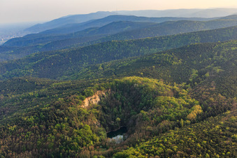 Aerial photograpy of Basalt lake in the Pechsteinkopf nature reserve at the Old Forster basalt quarry in Forst an der Weinstraße in the state Rhineland-Palatinate, Germany