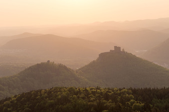 Trifels Castle in Annweiler am Trifels in the state Rhineland-Palatinate, Germany seen from a drone