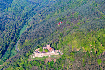 Aerial view of Landeck ruins with paraglider in Klingenmünster in the state Rhineland-Palatinate, Germany