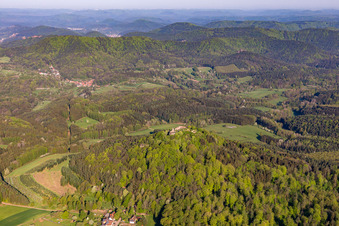 Aerial view of Lindelbrunn Castle ruins above the Cramerhaus in Vorderweidenthal in the state Rhineland-Palatinate, Germany