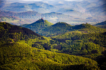 Castle of the fortresses Trifels, Scharfeneck and Anebos at sunset in Annweiler am Trifels in the state Rhineland-Palatinate, Germany