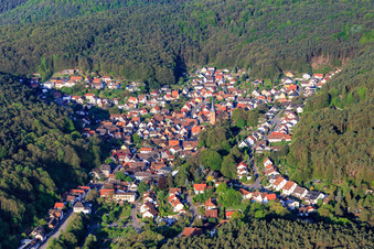 Aerial view of Hidden village in the Palatinate Forest from the east in Dörrenbach in the state Rhineland-Palatinate, Germany