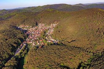 Aerial photograpy of Hidden village in the Palatinate Forest from the east in Dörrenbach in the state Rhineland-Palatinate, Germany